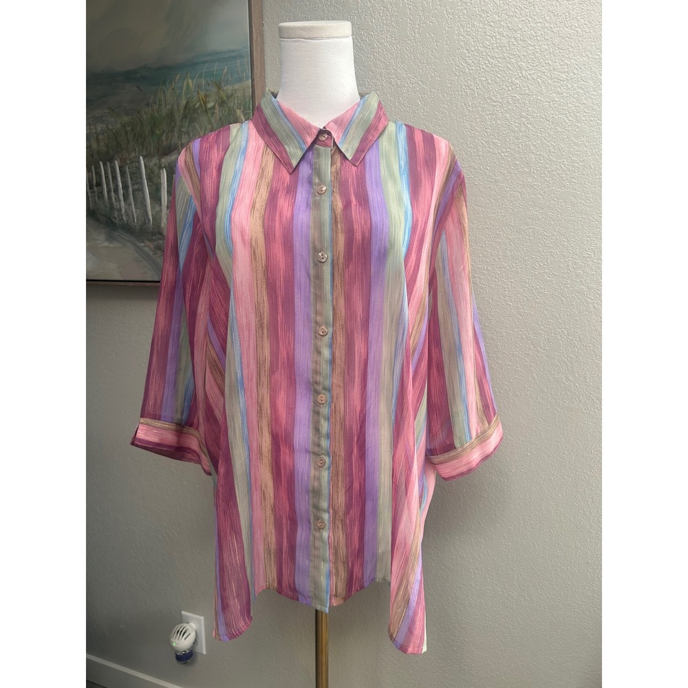 Vintage Y2K Pastel Stripe Sheer Button Up Coastal Grandma Art Teacher Top